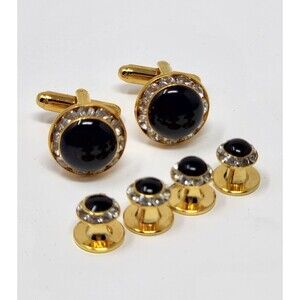 Vintage Gold Tone Black Onyx & Crystals Round Tuxedo Cufflinks & Shirt Studs Set